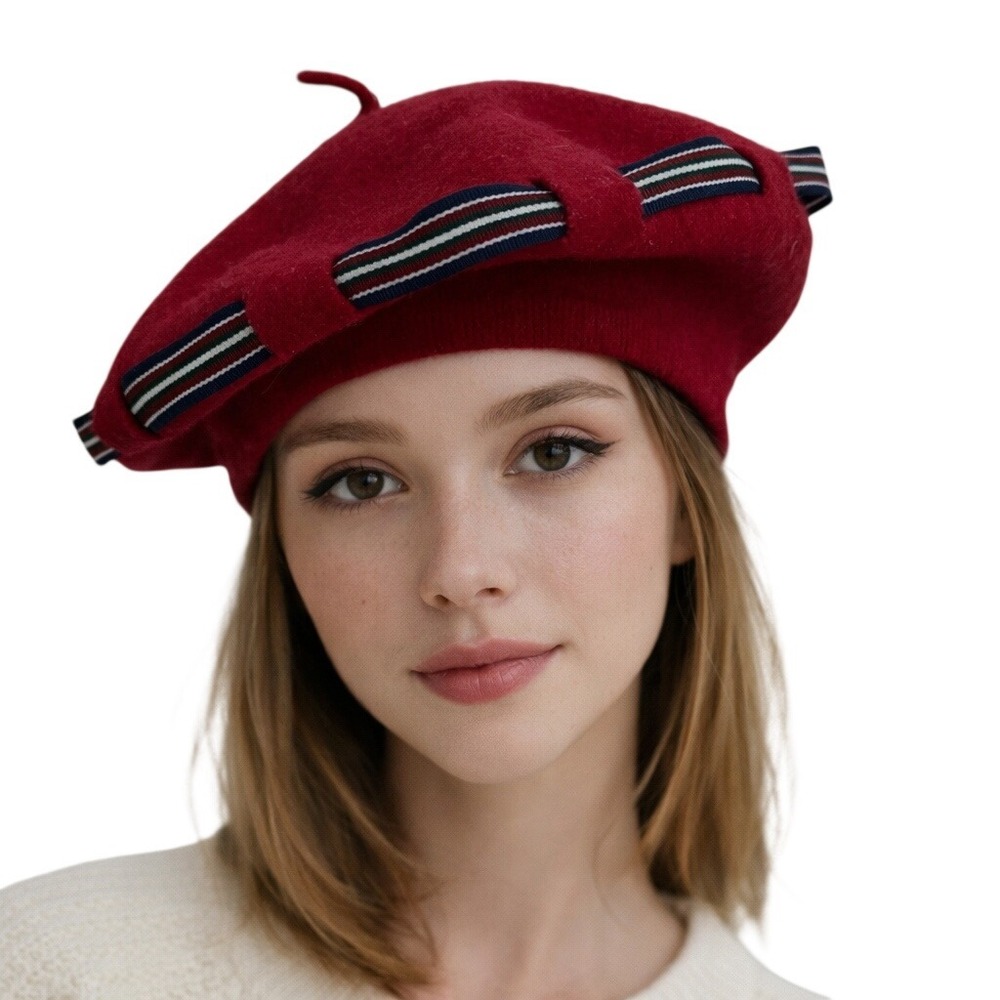 Gitano Vintage Red Wool Beret Hat Striped Ribbon Trim Womens‎ One Size